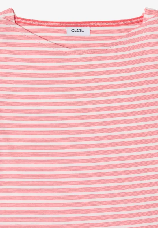 Gefaltetes rosa-weiß gestreiftes T-Shirt mit Label 'CECIL'.