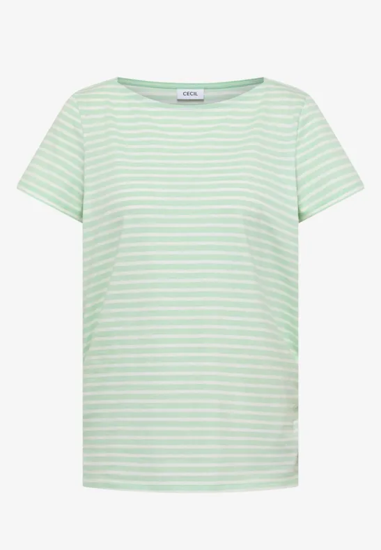 T-shirt vert menthe à fines rayures blanches, manches courtes, vu de face.