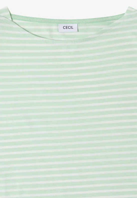 T-shirt à col rond rayé vert menthe et blanc, manches courtes, marque Cecil