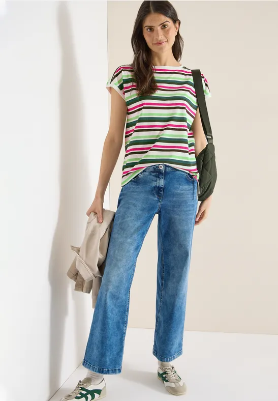 Shirt met ronde hals en rimpels khaki