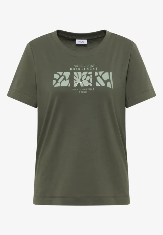 T-shirt basique avec imprimé sur le devant khaki