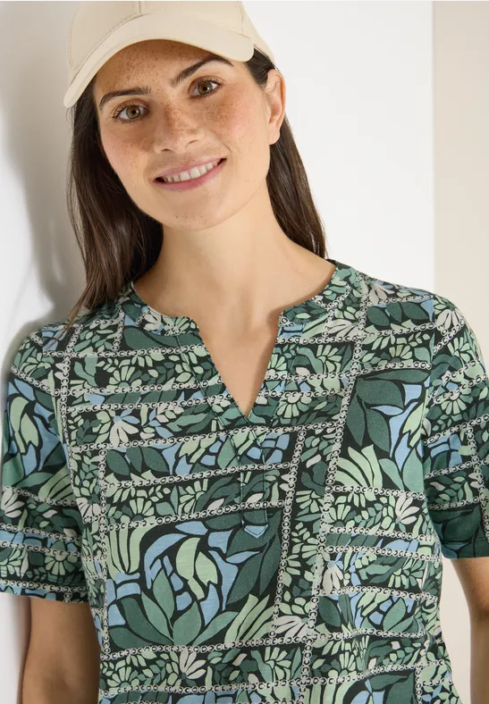 Kurzarm Shirt mit Split Neck und Print raw khaki