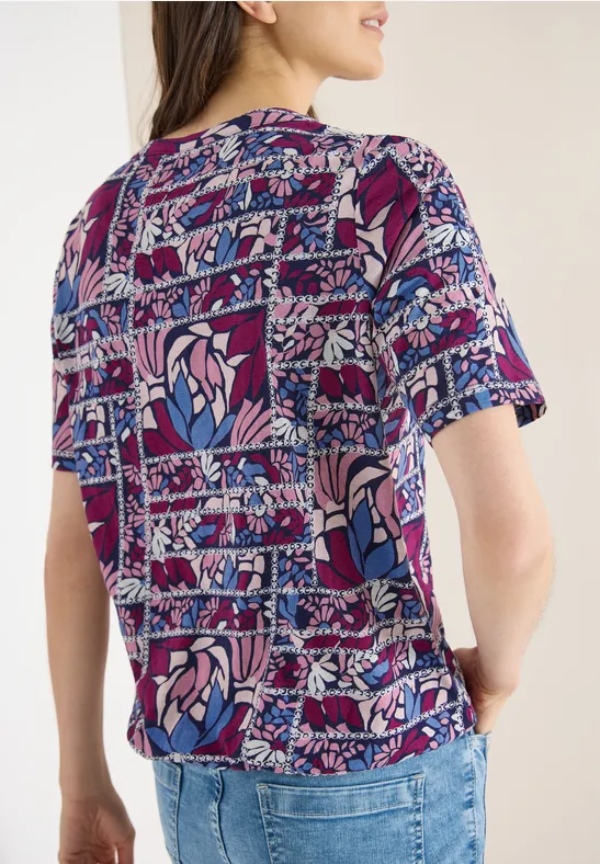 Shirt met korte mouwen, gespleten hals en print deep plum