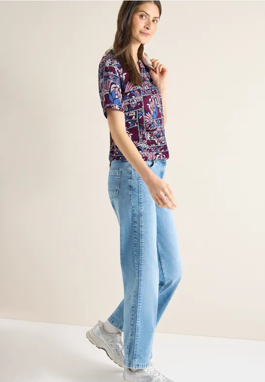 Shirt met korte mouwen, gespleten hals en print deep plum