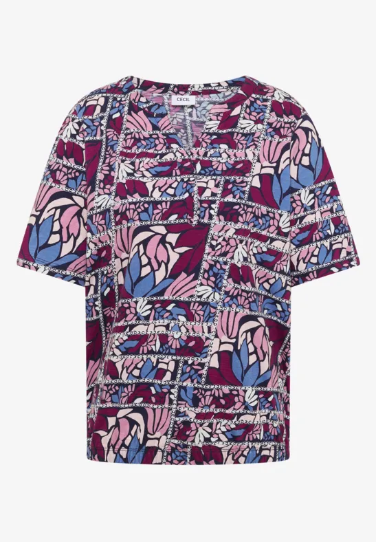 Shirt met korte mouwen, gespleten hals en print deep plum