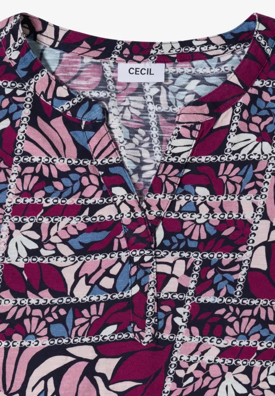 Shirt met korte mouwen, gespleten hals en print deep plum