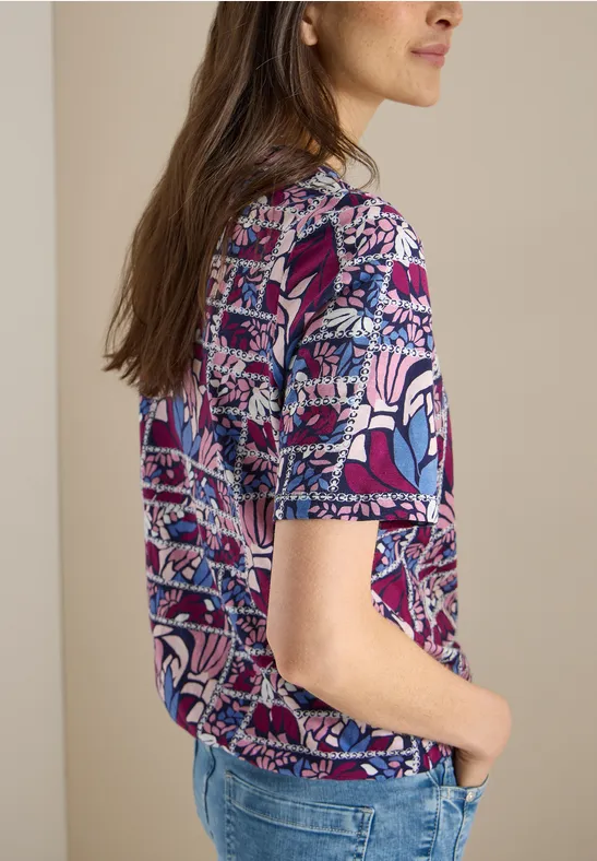 Shirt met korte mouwen, gespleten hals en print deep plum