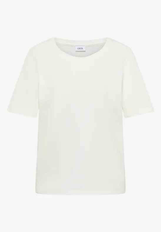 Eenvoudig wit T-shirt met ronde hals en korte mouwen.