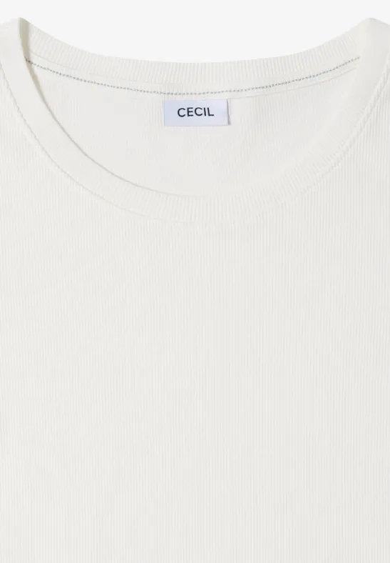 Wit, eenvoudig T-shirt met ronde hals, CECIL-label zichtbaar, keurig opgevouwen.
