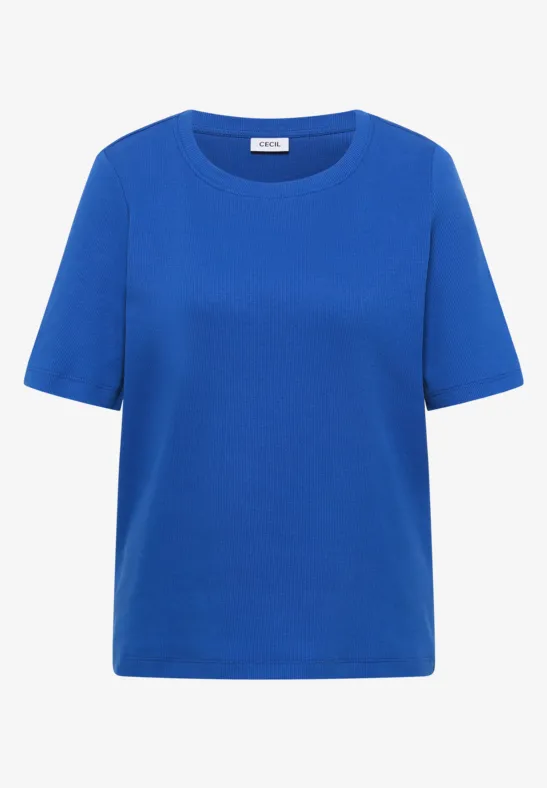 Effen, felblauw T-shirt met ronde hals en korte mouwen.