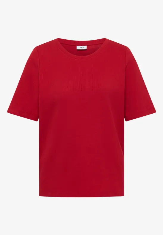 Rotes T-Shirt mit kurzem Schnitt, schlicht und modern.