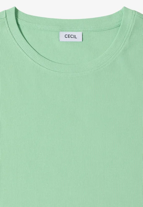 Hellgrünes T-Shirt mit Rundhalsausschnitt und ‚CECIL‘-Label, ordentlich gefaltet.