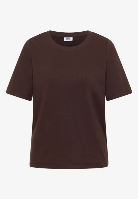 Effen donkerbruin T-shirt met korte mouwen en ronde hals.