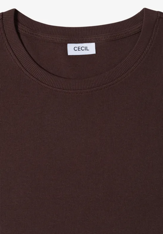 Effen donkerbruin T-shirt met ronde hals en merketiket CECIL.