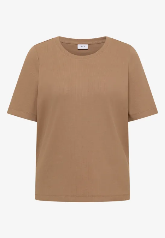 Braunes T-Shirt mit kurzen Ärmeln vor weißem Hintergrund.