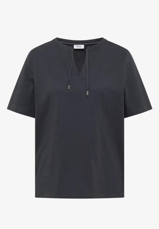 Schwarzes T-Shirt mit kurzen Ärmeln, V-Ausschnitt und Kordelzug in lockerer Passform.