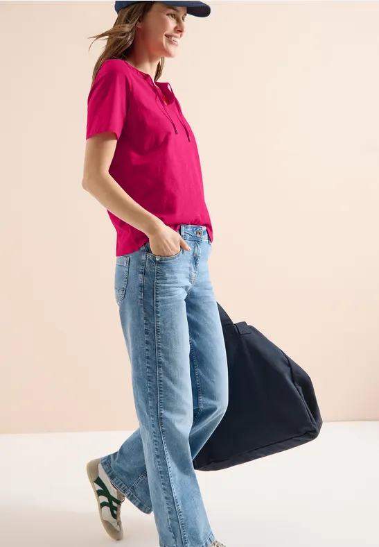 Shirt met korte mouwen en gespleten hals beetroot pink