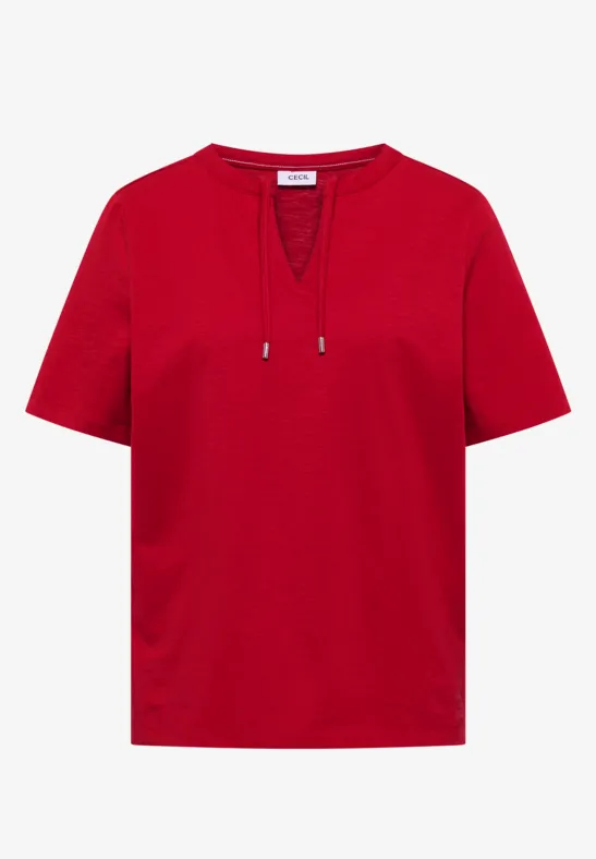 Rotes Kurzarmshirt mit V-Ausschnitt und Tunnelzug am Hals.
