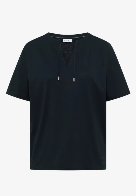 T-shirt noir à manches courtes avec laçage au col en V.