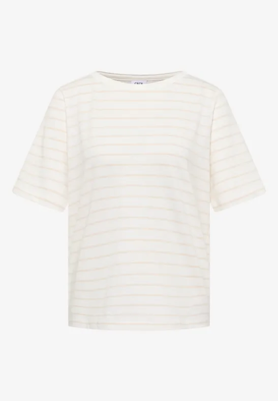 Wit T-shirt met fijne pastelstrepen, korte mouwen en ronde hals.