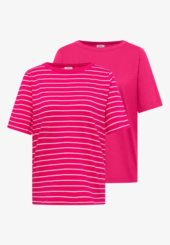 Twee roze T-shirts, één gestreept en één effen.