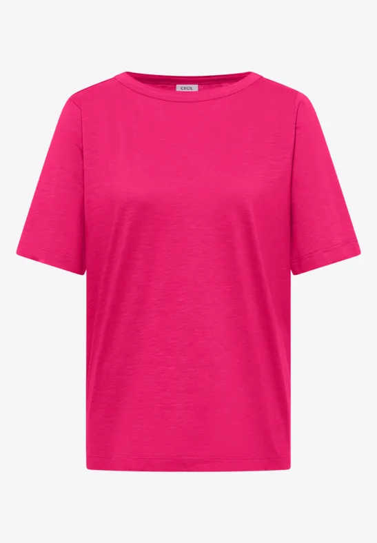 Een effen felroze T-shirt met korte mouwen en ronde hals.