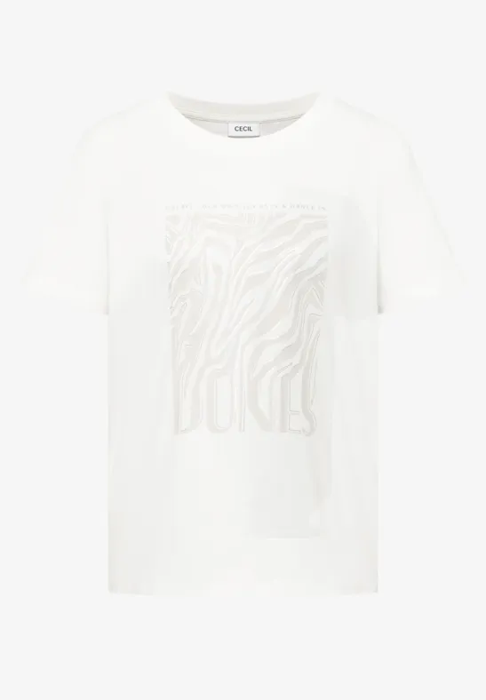 Weißes T-Shirt mit dezentem Zebra-Muster in quadratischem Druck.
