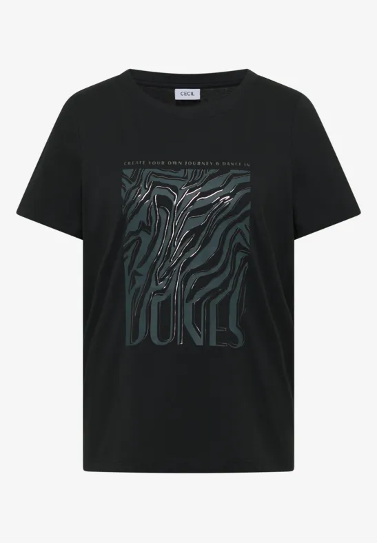 Schwarzes T-Shirt mit grafischem Zebramuster-Print in Weiß und dezentem Schriftzug