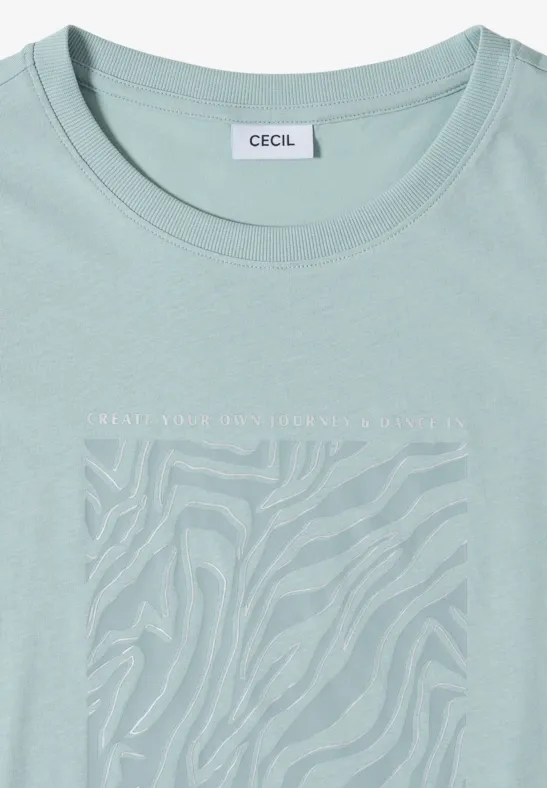 Hellgrünes T-Shirt mit Zebra-Print und Logo-Stoffpatch am Rundhals