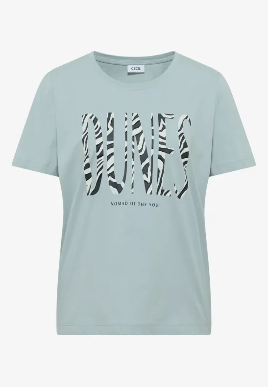 Hellgrünes T-Shirt mit zebramusternden Schriftzug 'OBJECT' und kleinem Text 'SENSE OF THE WILD'.