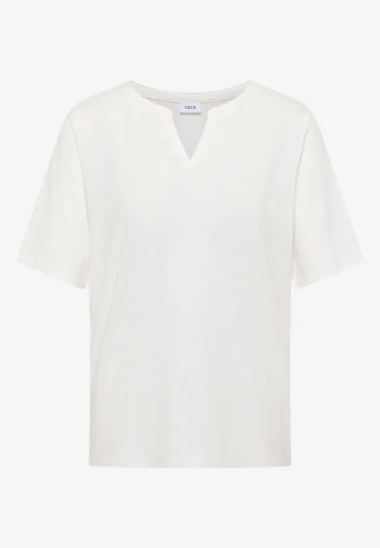 Ein schlichtes weißes T-Shirt mit kurzen Ärmeln und kleinem V-Ausschnitt.