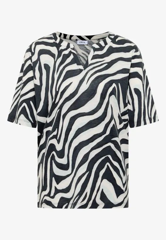 Wit T-shirt met korte mouwen, zwart zebraprint en V-hals.