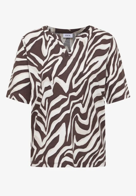 T-shirt met bruin-witte zebraprint, korte mouwen, losse pasvorm.