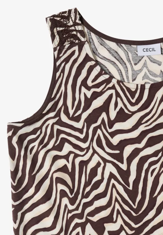 Top sans manches à motif zèbre blanc-crème et rayures noires, coupe droite et tissu léger.