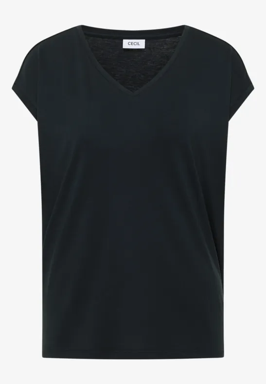 T-shirt noir pour femme, col en V et manches courtes