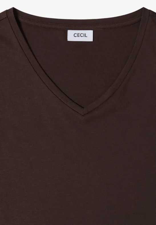 Donkerbruin dames T-shirt met V-hals en CECIL-label