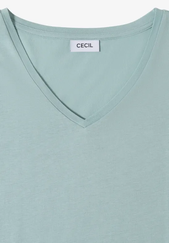Pastellgrünes T-Shirt aus weichem Jersey mit V-Ausschnitt und Markenlabel 'CECIL'.