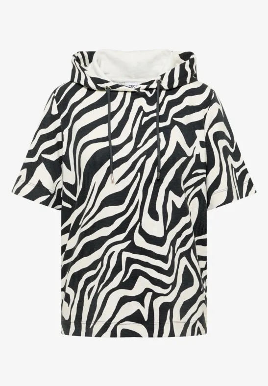 Kurzärmeliges Kapuzenshirt mit schwarz-weißem Zebra-Muster.