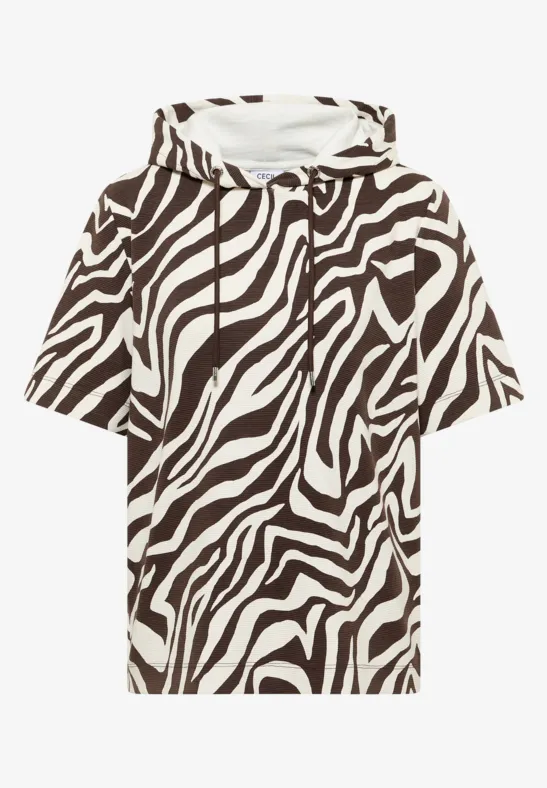 Kurzärmeliges Kapuzen-Shirt in Weiß mit schwarzem Zebra-Streifenmuster.