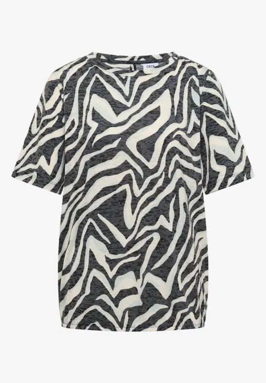 Kurzärmliges T-Shirt mit schwarzem und weißem Zebramuster.