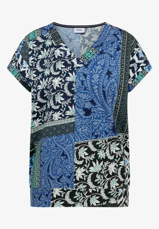 Shirt met V-hals en patchworkprint universal blue