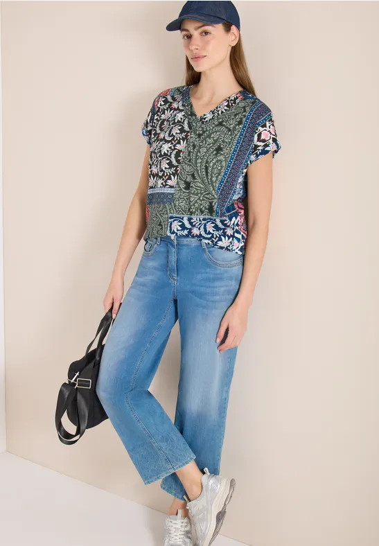 Shirt met V-hals en patchworkprint khaki