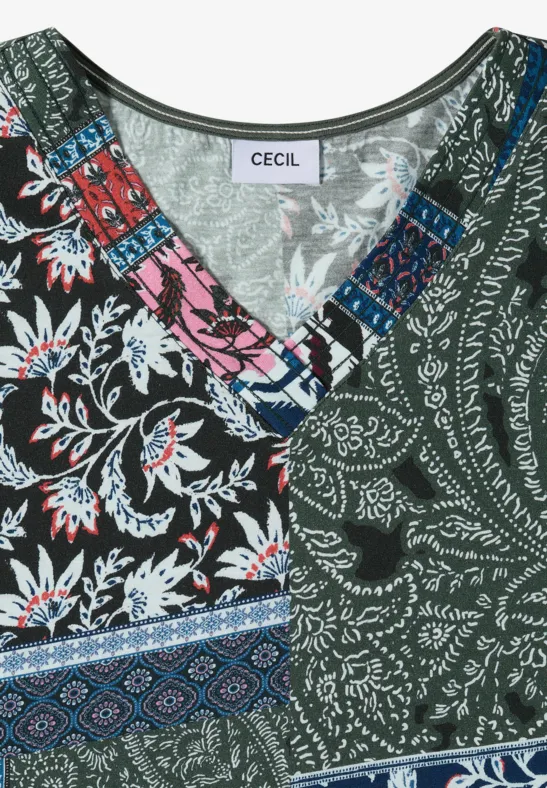 Shirt met V-hals en patchworkprint khaki