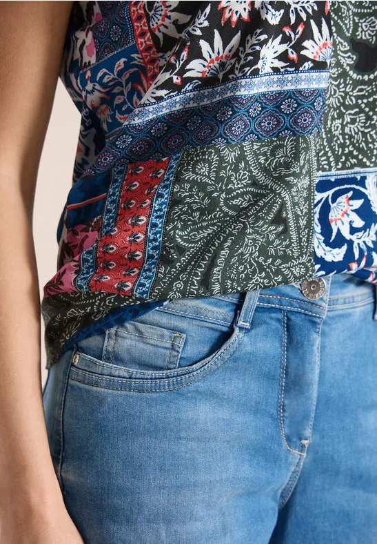 Shirt met V-hals en patchworkprint khaki