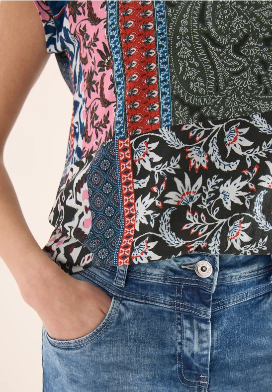 Shirt mit Rundhals und Patchwork-Print khaki