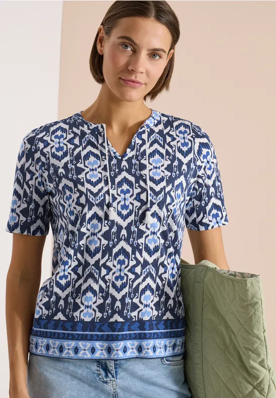 Shirt met korte mouwen, gespleten hals en print universal blue