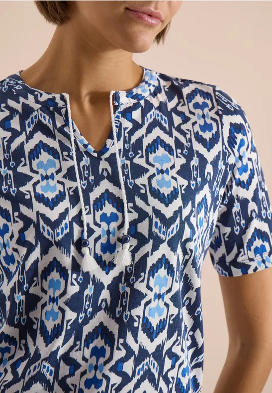 Shirt met korte mouwen, gespleten hals en print universal blue
