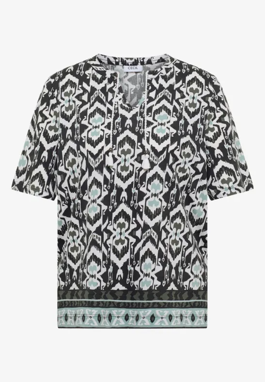 Kurzarm Shirt mit Split Neck und Print khaki