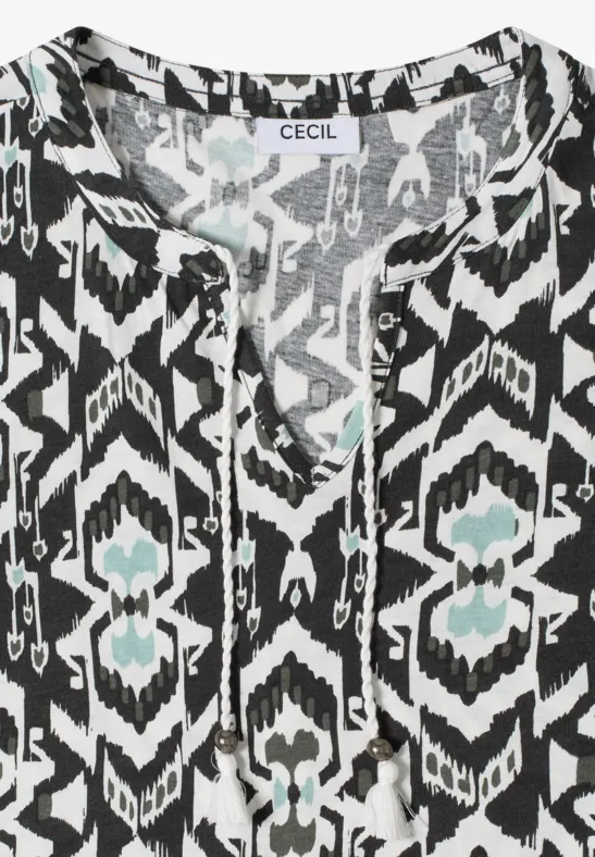 Kurzarm Shirt mit Split Neck und Print khaki