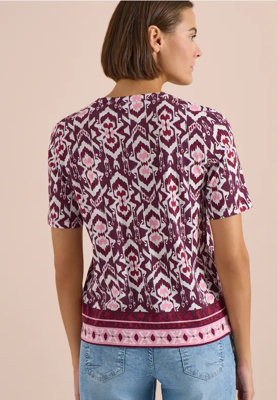 Kurzarm Shirt mit Split Neck und Print sweet grape red